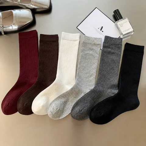 Women Japanese Slouch Socks Ribbed Mid Calf Socks Seamless Cotton Solid Color Ankara Red Minimalist Daily Socks