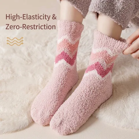 Women Coral Fleece Fuzzy Socks Thick Warm Striped Wave Pattern Mid-Calf Sleep Socks Cozy Winter Floor Socks Polyester Hosiery