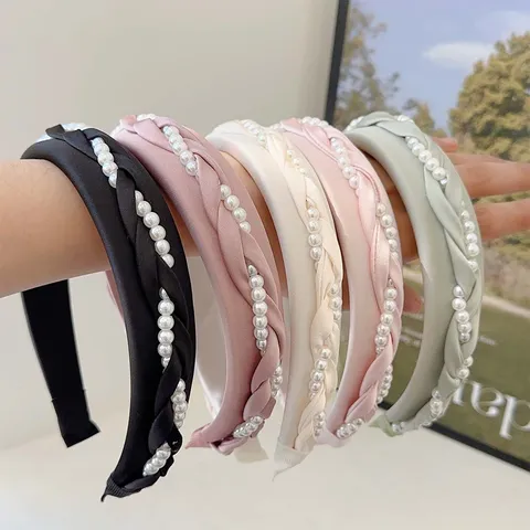 Franse Stijl Gevlochten Parel Hoofdband High Top Satijn Gewatteerde Haarband Voor Dames Elegant Handgemaakt Mode Haaraccessoire