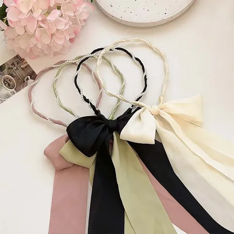 Diadema Elegante de Satén con Lazo para Mujer Adorno de Perla Artificial Hecho a Mano Dulce Color Sólido Joyería para Cabello
