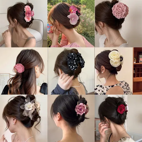 Pince à Cheveux Fleur de Rose Vintage Nouveau Style Chinois Élégante Simulation Florale Tissu Résine Pince Crabe pour Femmes Filles Accessoires de Coiffure