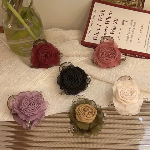 Pince à Cheveux Fleur de Rose Vintage Nouveau Style Chinois Élégante Simulation Florale Tissu Résine Pince Crabe pour Femmes Filles Accessoires de Coiffure