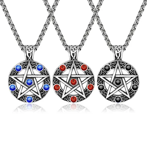 Gothic Satan Pentagram Pendant Necklace Stainless Steel Celtic Knot Inlaid Rhinestone Mysterious Jewelry For Men Women