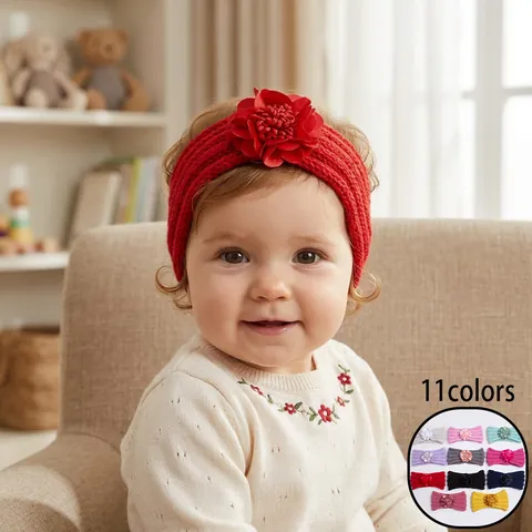 Soft Knitted Baby Headband With Large 3D Satin Flower Solid Color Elastic Warm Winter Ear Warmer For Infant Toddler Girls Hair Accessories