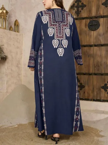 Robe Longue Grande Taille Femme Vintage Ethnique en Polyester Manches Longues Col Rond Imprimé Géométrique Robe Ample pour Banquet