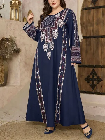 Robe Longue Grande Taille Femme Vintage Ethnique en Polyester Manches Longues Col Rond Imprimé Géométrique Robe Ample pour Banquet