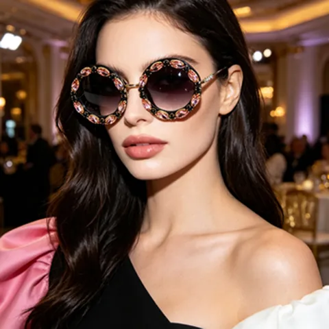 Lunettes de Soleil Rondes Surdimensionnées Rétro Avec Incrustation de Cristaux de Strass Marquise Monture en Métal Verres Dégradés pour Femmes