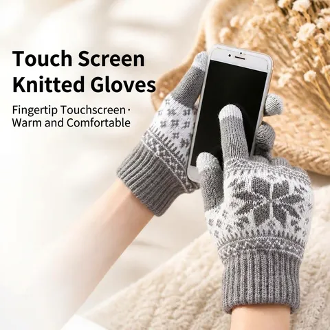 Knitted Winter Gloves Women Acrylic Snowflake Pattern Warm Fleece Lined Touch Screen Compatible Outdoor Thermal Mittens