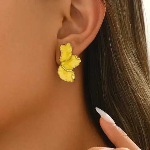 Pendientes de Botón de Pétalo de Flor de Aleación de Zinc Vintage Esmalte Floral Hoja para Mujer Joyería de Moda