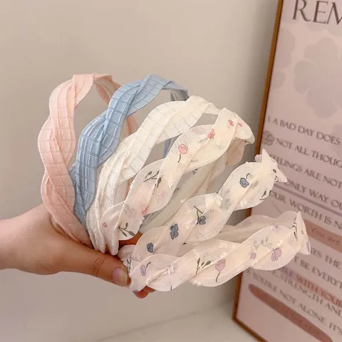 French Style Sweet Mesh Braided Headband For Women Girls Flat Twist Fabric Hair Band Floral Solid Color Hair Accessories