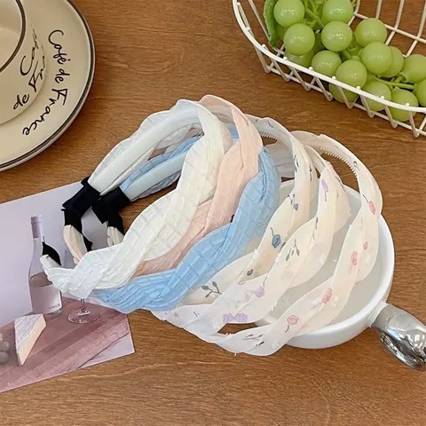 French Style Sweet Mesh Braided Headband For Women Girls Flat Twist Fabric Hair Band Floral Solid Color Hair Accessories