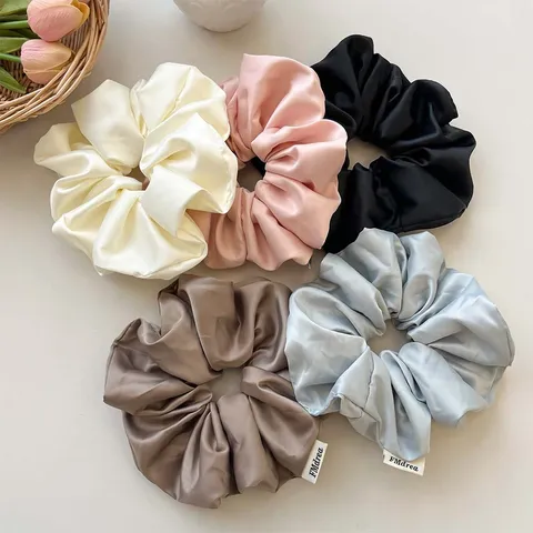French Vintage Large Satin Scrunchies For Women High Elasticity Pleated Hair Ties Solid Color Silk Like Oversized Scrunchie Accessories