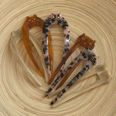 Korean Style Acetate U-Shaped Hair Pin Cat Pattern Hair Stick Elegant Tortoiseshell Hair Fork For Women Hair Braiding Tool Accessories