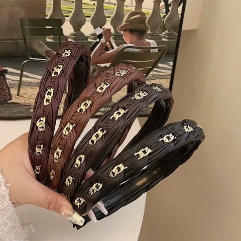 2025 New Korean Style PU Leather Braided Headband With Metal Chain For Women High Top Design Fashion Hair Band Hair Accessories