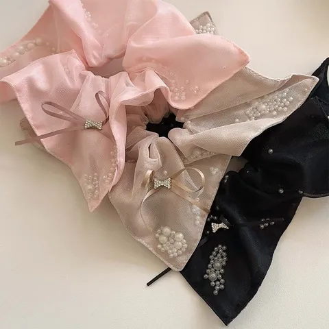 Korean Elegant Pearl Bow Mesh Fabric Hair Scrunchies For Women Soft Butterfly Knot Ponytail Holder Sweet Hair Accessories