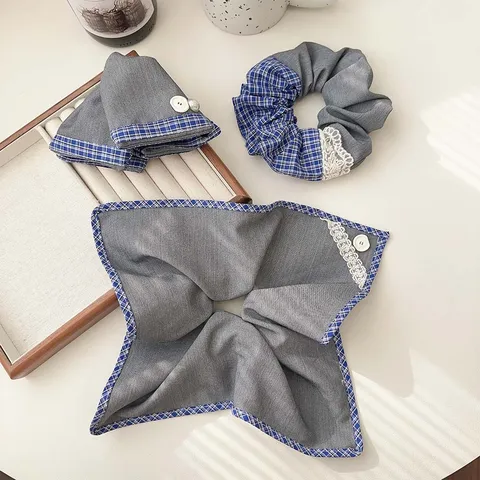 Vintage Plaid Fabric Hair Accessory Set Sweet Lace Bow Scrunchie Headband Butterfly Claw Clip For Women Girls Ponytail Holder