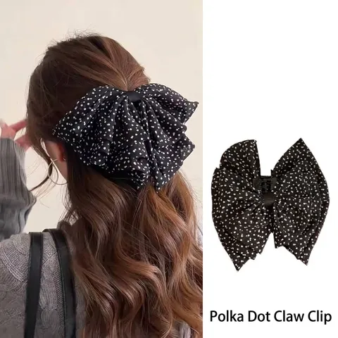 Elegante Pinza de Pelo con Lazo de Lunares de Triple Capa para Mujer Clip de Tiburón de Tela Grande Accesorio para el Cabello