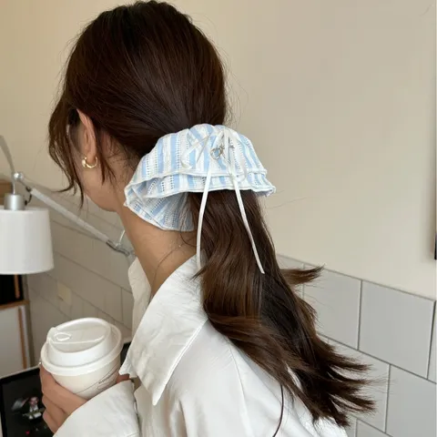 Blue White Striped Lace Scrunchie With Bow High Elastic Hair Tie Gentle Sea Salt Girl Fabric Hair Accessories For Women Daily