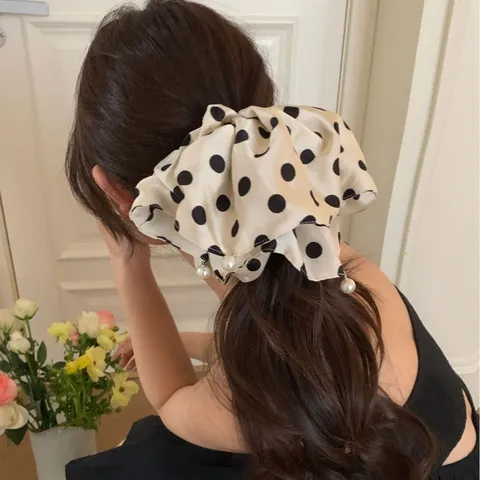 Chouchou Géant en Satin à Pois Style Français pour Femmes Style Coréen Accessoires Cheveux Haute Élasticité avec Perle Artificielle