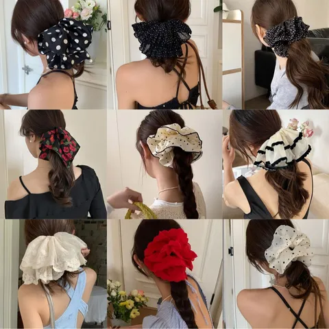 Chouchou Géant en Satin à Pois Style Français pour Femmes Style Coréen Accessoires Cheveux Haute Élasticité avec Perle Artificielle