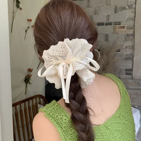 Vintage Layered Lace Flower Scrunchie Handmade Cloth Hair Tie With Adjustable Drawstring Bowknot Hair Accessories For Women