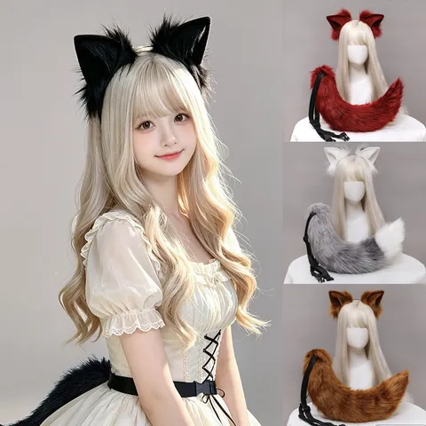 Handmade Simulation Plush Fox Ears Headband And Tail Set Animal Cosplay Costume Accessories