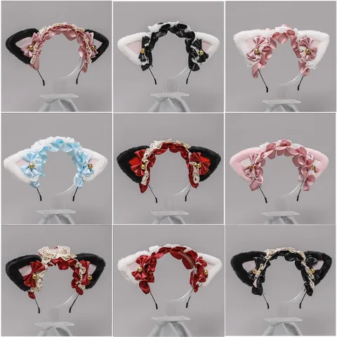 Lindos Accesorios de Cabello Lolita Japonés Diadema de Orejas de Gato de Peluche Encaje Lazo Campana de Metal Aro de Pelo Anime