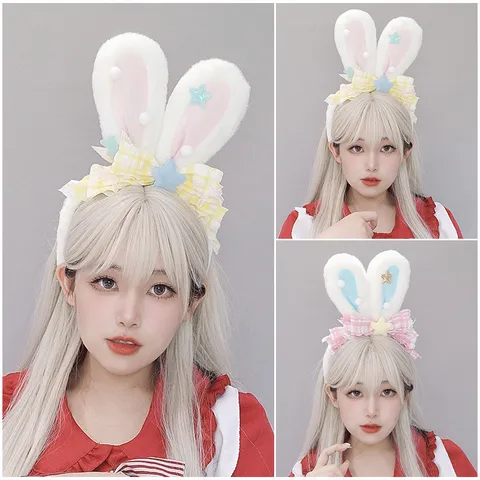 Cerchietto con Orecchie da Coniglio Lolita Fatto a Mano JK Carine Orecchie di Animale in Peluche Anello per Capelli Dolce Anime Cosplay Accessori per Capelli
