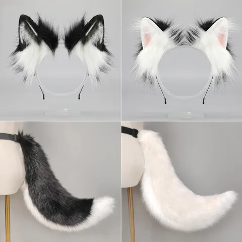 Handmade Plush Animal Ears Headband And Tail Set Anime Cosplay Costume Prop Black And White Fluffy Tail Party Dress Up