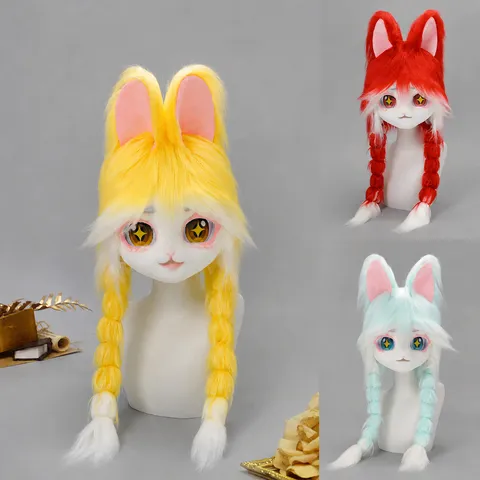 Cabeza de Mascota Furry Conejo Cosplay Disfraz Tocado Peluche Trenzas Largas Anime Convención Máscara de Animal Orejas Accesorio de Fiesta