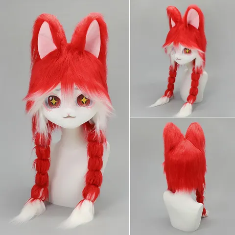 Furry Maskottchen Kopf Kaninchen Cosplay Kostüm Kopfbedeckung Plüsch Lange Zöpfe Anime Convention Tier Maske Ohren Unisex Party Requisite