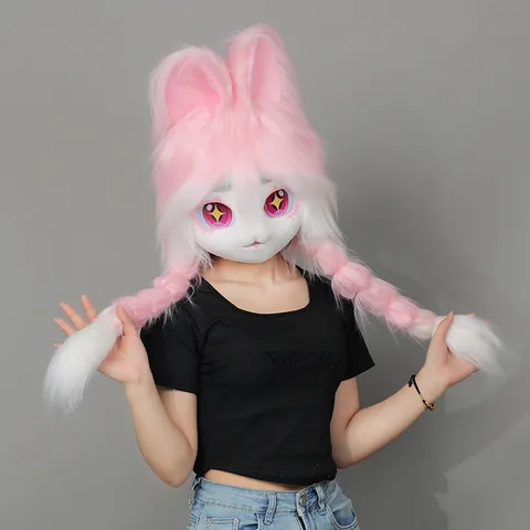 Furry Maskottchen Kopf Kaninchen Cosplay Kostüm Kopfbedeckung Plüsch Lange Zöpfe Anime Convention Tier Maske Ohren Unisex Party Requisite