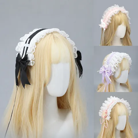 Diadema de Encaje con Lazo Lolita Hecha a Mano Accesorios de Cabello Anime Dulce Japonés Lindo Aro de Pelo para Mujeres