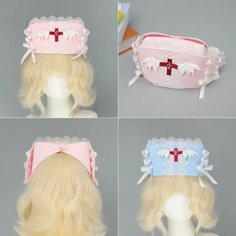 Handmade Y2K Medical Nurse Hat Lolita Gothic Cosplay Hair Accessories Cute Lace Cross Wing Bowknot Headband Party Headdress
