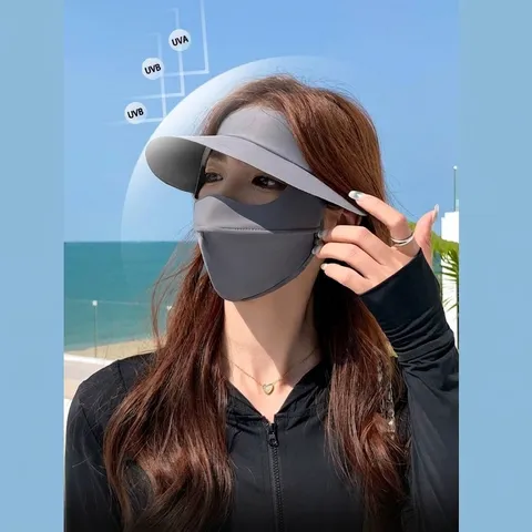 Masque Facial de Protection UV pour Femmes Respirant Soie de Glace Refroidissant Facekini Large Bord Visière pour Cyclisme