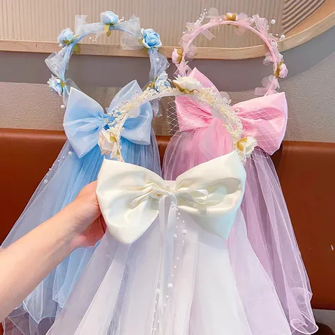 Girls Floral Wreath Headband Forest Style Fairy Glowing Hairband With Ribbon Bow Veil Princess Headpiece For Kids Wedding Party