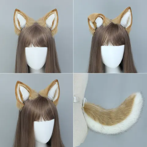 Handmade Simulation Shiba Inu Dog Ears Headband And Tail Set Plush Hair Hoops Anime Cosplay Costume Party Props
