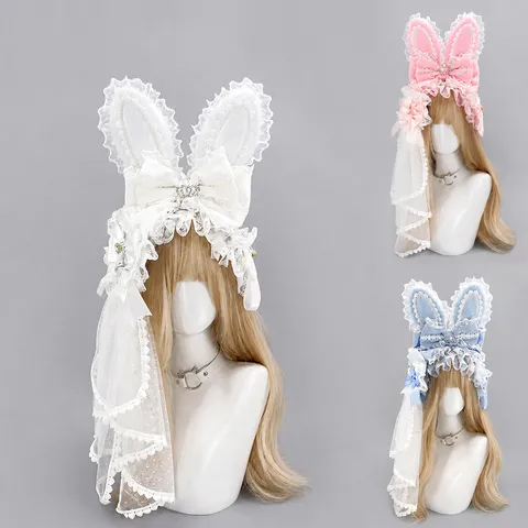 Sweet Lolita Lindo Peluche Oreja de Conejo Diadema Encaje Lazo Tocado Banda de Pelo Anime Cosplay Accesorios para el Cabello para Mujeres