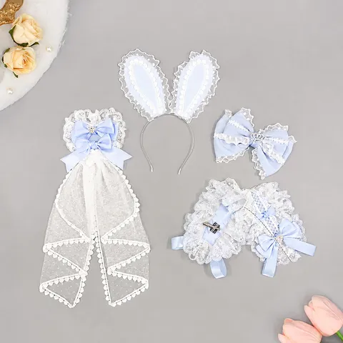 Sweet Lolita Lindo Peluche Oreja de Conejo Diadema Encaje Lazo Tocado Banda de Pelo Anime Cosplay Accesorios para el Cabello para Mujeres