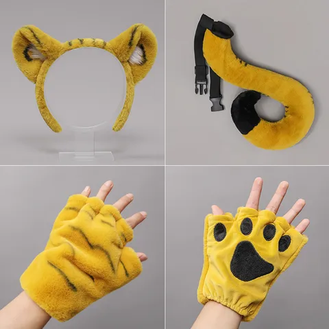 Children Plush Tiger Ears Headband Tail Gloves Set Cute Animal Costume Stage Performance Party Props