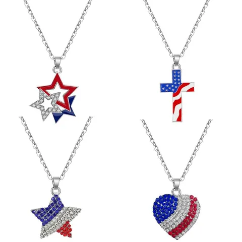 USA Unabhängigkeitstag Halskette Strass Herz Stern Kreuz Anhänger Amerikanische Flagge Thema Legierung Brosche Damen Schmuck Geschenk