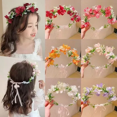 Forest Style Flower Wreath Headband With Ribbon Artificial Floral Hairband For Kids Women Vacation Wedding Photo Prop