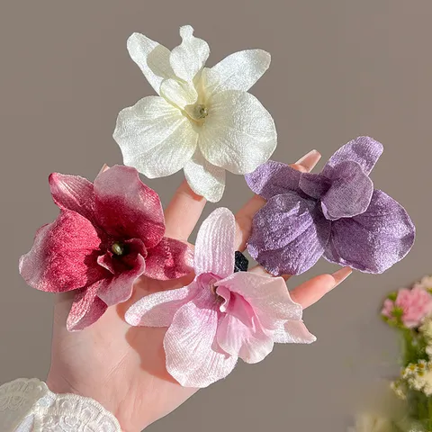 Handmade 3D Orchid Hair Clip Simulation Flower Hairpin Elegant Floral Side Clip For Women Daily Wedding Headwear