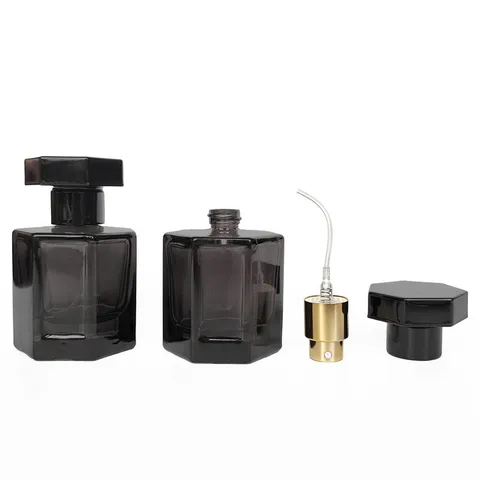 Flacon de Parfum en Verre Portable Flacon Pulvérisateur Vide Rechargeable Pour Voyage Et Usage Quotidien Récipient Hexagonal Noir