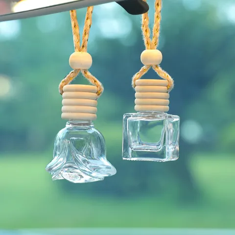 Bouteille de Parfum de Voiture en Verre Rose Diffuseur d'Huiles Essentielles Ornement Suspendu Avec Bouchon en Bois et Corde pour Intérieur de Voiture