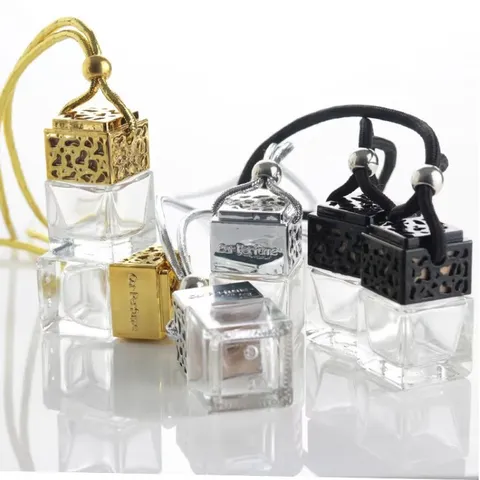Car Perfume Empty Essential Oil Diffuser Glass Bottle With Hollow Metal Cap And Hanging Rope Rearview Mirror Pendant