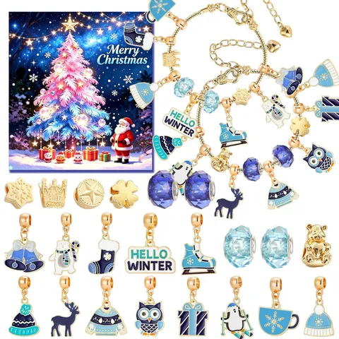 DIY Christmas Advent Calendar Bracelet Making Kit With Alloy Beads Enamel Charms Blue Winter Theme Jewelry Craft For Women Kids Gift