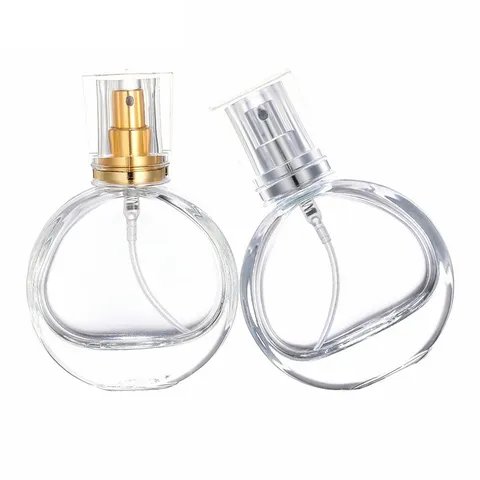 Bouteille de Parfum en Verre Plat Rond Portable Récipient de Pulvérisation Cosmétique Vide Avec Buse Or et Argent Distributeur de Voyage