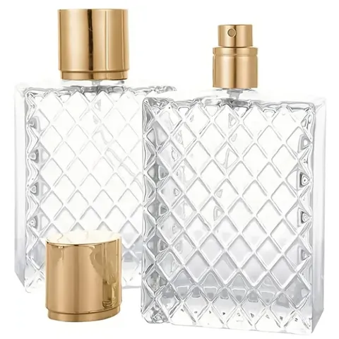 Diamond Lattice Glass Perfume Bottle Empty Refillable Cosmetic Sub Bottling Container With Gold Cap For Travel Daily Use