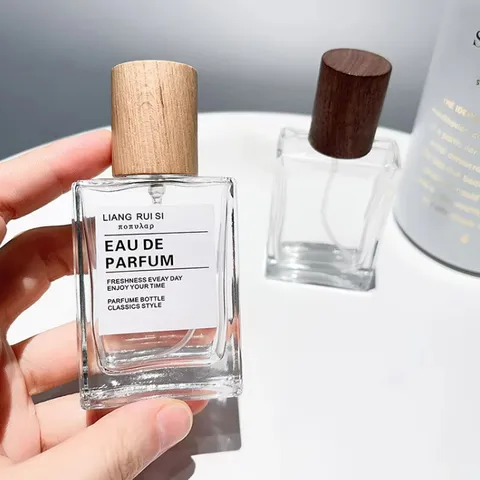 Leere Glas Parfümflasche Quadratische Nachfüllbare Sprühflasche Mit Holzdeckel Kosmetik Behälter